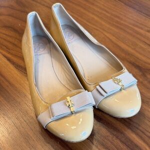 Tory Burch Tan Flats with Gold Bow Accent